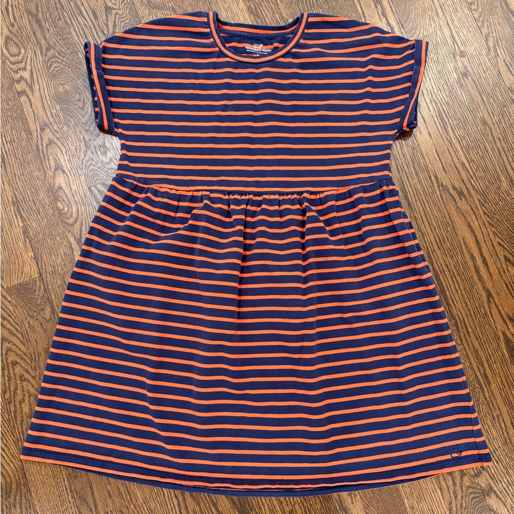 Vineyard Vines Navy and Orange Striped Kids Dress Size L (14)